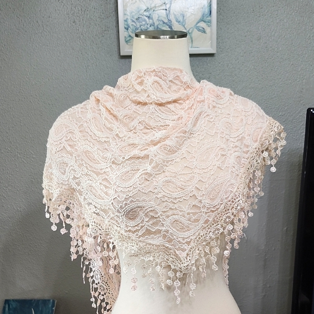 Elegant Lace Droplet Scarf Pink/Wht. New (NIP), Shawl Paisley Floral 60" X 21"